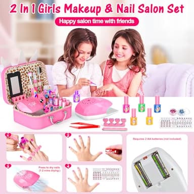 Kids Makeup Kit for Girl - 2 In 1 Kids Washable Makeup Toys & Nail Art Kits with Nail Dryer and Cosmetic Case, Princess Dress Up Set for Girls, Real Girls Makeup Set for Ideal Gifts Toys for 3-12 Year - Image 3