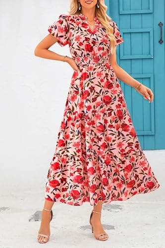 MASCOMODA Summer Maxi Dress for Women 2025 Casual V Neck Puff Short Sleeve Smocked Ruffle Flowy Beach Boho Long Floral Dress(Orange Pink Red Flower,Small) - Image 3