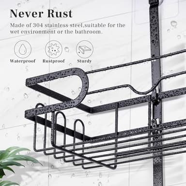 Tonswachic Bathroom Hanging Shower Organizer,Large Hanging Shower Caddy with Hooks for Razor and Sponge Rustproof,Over The Shower Head Caddy with Soap Basket - Black, SC001A - Image 5