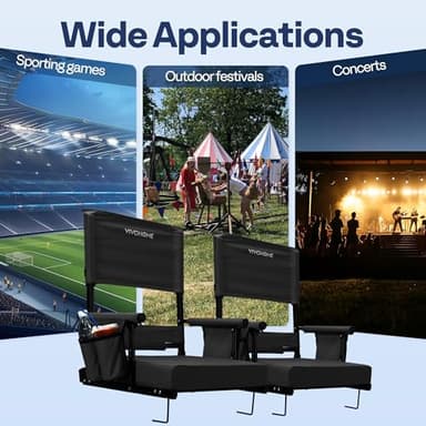 VIVOHOME Height Adjustable High Back Stadium Seats with Back Support and Cushion, 2 Pack Portable Bleacher Chairs with Cup Holder and Shoulder Strap, Black - Image 7