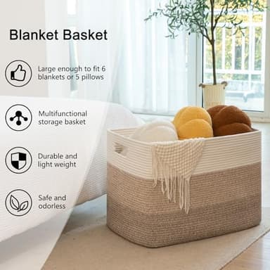 OIAHOMY 108L Super Large Blanket Basket, 25”x16”x16”(108L) Rectangle Woven Baskets for Storage, Cotton Rope Basket For Living Room, Toy Storage with Handle- Gradient Brown - Image 4