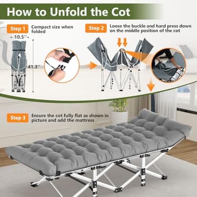 Slendor Camping Cot, Folding Camping Cots for Adults, Portable Sleeping Cot with Carry Bag, 1200D Double Layer Oxford, Camp Cot Bed for Guest Travel, Hiking, Support 500lbs, Charcoal Grey - Image 5
