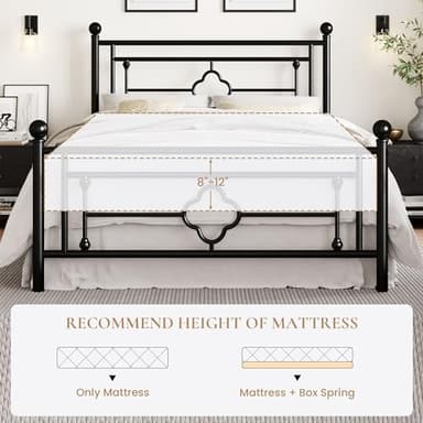 SHA CERLIN 14 Inches Queen Size Metal Platform Bed Frame/Vintage Iron-Art Headboard and Footboard/Mattress Foundation for Storage/No Box Spring Needed/Noise-Free/Easy Assembly/Black - Image 7