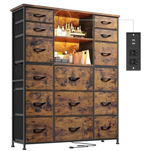 EnHomee 51" H Dresser with 15 Drawers Dresser for Bedroom with Charging Station & LED Lights & Hutch Sturdy Fabric Bedroom Dressers, Steel Frame, Wood Top, Rustic Brown, 51.2" H x 39.3" W x 11.8" D - Image 1