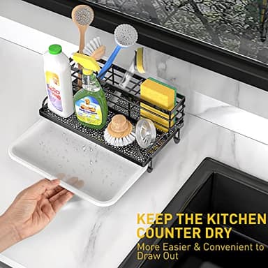 Cisily Large Kitchen Sink Caddy Organizer, Rustproof Non-Slip Soap Dish Dispenser Brush, Sponge Holder for Kitchen Sink, Kitchen Organization and Storage, Home Essentials Accessories（Black） - Image 3