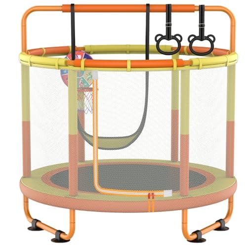 LANGXUN 60" Trampoline for Kids, 5ft Toddler Mini 6-in-1 Trampoline Indoor Outdoor with Swing, Basketball Hoop, Dart Board, Gymnastics Bar, Rings, Christmas Toys Birthday Gifts for Girls Boys Age 1-8 - Image 1