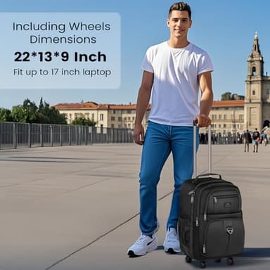 MATEIN Rolling Backpack with 4 Wheels, 17 inch Roller Travel Laptop Backpack for Women Men, Large Water Resistant Business Wheeled Bag, Airline Approved Carry on Luggage Suitcase Bag, Black - Image 2