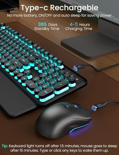 Wireless Keyboard and Mouse Backlit - Typewriter Keyboard with Magnetic Wrist Rest, Retro Round Keycaps, Light Up Letters, 2.4GHz Cordless Combo for Mac, Windows, PC, Laptop, Trueque [Upgraded] - Image 4
