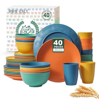 Homienly 40-Piece Premium Wheat Straw Dinnerware Sets, Service for 8, Unbreakable Plates and Bowls Set - Cups Sets, Dinner Plates, Bowls for Kitchen,Dishwasher and Microwave Safe Dishes Set - Multi - Image 1