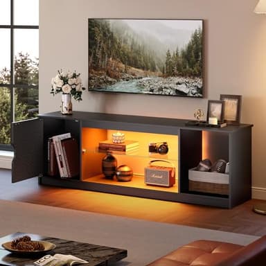 Bestier LED TV Stand for 55/60/65 Inch TV, Gaming Entertainment Center with Cabinet for PS5, Xbox,Modern TV Cabinet with Adjustable Glass Shelves for Living Room, Bedroom 57 Inch,Black - Image 4
