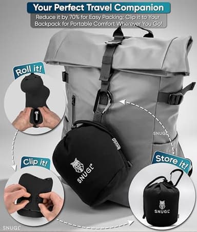 SNUGL Travel Pillow – Memory Foam - Travel Pillows for Airplanes - Neck Pillow for Airplane with Carry Bag & Clip – Neck Support Pillows for Pain Relief (Adult Small - Black) - Image 7