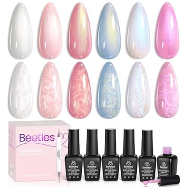 Beetles Pearl Gel Nail Polish Set - 6 Colors Pearl White Gel Nail Polish Mermaid Soak Off Uv Led Fall Winter Pink Blue Polish Swirl Thread Effect DIY Manicure Art Gift for Women - Image 1