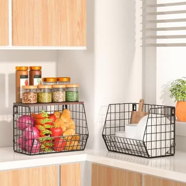 Wawocs 2 Tier Fruit Bowl Fruit Basket for Kitchen Counter Stackable Wall Mounted Hanging Basket Wire Baskets with Wood Lid with 4 Banana Hanger Hooks, Onion Basket, Fruit and Vegetable Storage - Image 4