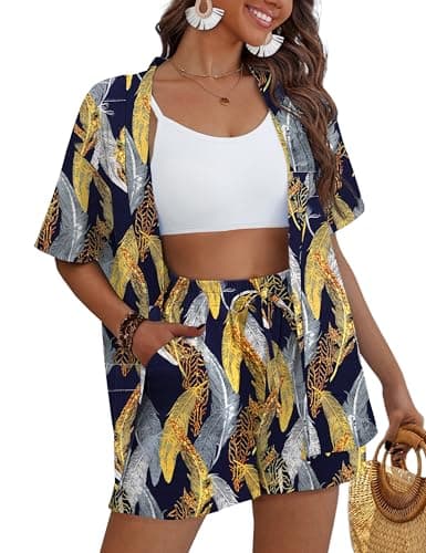 REDHOTYPE Women's Vacation Outfits Cover Ups Tropical Print Shorts Sets Hawaiian Summer Beachwear Blue Tropical M - Image 1