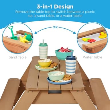 Best Choice Products Kids 3-in-1 Sand & Water Table, Wood Outdoor Convertible Picnic Table w/Umbrella, 2 Trays, Removable Top, 220lb Capacity Per Bench - Natural/Dark Pink - Image 4