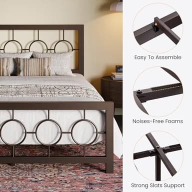 SHA CERLIN Queen Size Metal Bed Frame with Vintage Circular Design Headboard and Footboard,No Box Spring Required,Easy Assembly,Noise-Free,Brown - Image 6