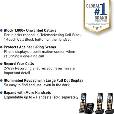 Panasonic Cordless Phone with Answering Machine, Advanced Call Block, Bilingual Caller ID and Easy to Read High-Contrast Display, Expandable System with 3 Handsets - KX-TGD833M (Metallic Black) - Image 2
