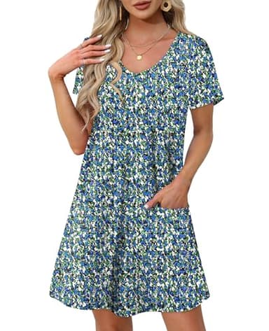 OFEEFAN Beach Vacation Clothes for Women Fashion Casual Summer Dresses for Women 2025 Loose V Neck Short Sleeve T Shirts Dress with Pockets Vacation Sundresses Floral 07 L - Image 2