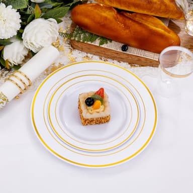 I00000 700Pcs Gold Dinnerware Set for 100 Guests, Plastic Plates for Party, Include: 100 Rim Dinner Plate, 100 Dessert Plate, 100 Paper Napkins, 100 Cups, 100 Gold Plastic Silverware Set - Image 5