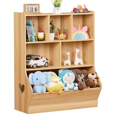 Lerliuo Kids Toy Storage Organizer, 3 Tier Children Small Bookcase and Bookshelf, Toddler 7 Cubby Toy Storage Cabinet, Toy Shelf for Playroom, Bedroom, Living Room, Nursery, School 29.53'' H (Natural) - Image 1