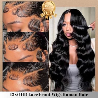 Ghios 13x6 Lace Front Wigs Human Hair Body Wave 30 Inch HD Lace Frontal Wigs Human Hair Body Wave Human Hair Wig for Women 210% Density Pre Plucked with Baby Hair Natural Black - Image 8