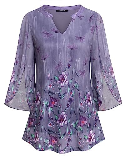 VALOLIA Women's 3/4 Sleeve Shirts, Dressy Tops For Women For Evening Party, Floral Tunic Shirts for Women Bell Sleeve Blouse Lightweight Comfy Tops Elegant Pleated Layered Swing Blouses Large Purple - Image 1