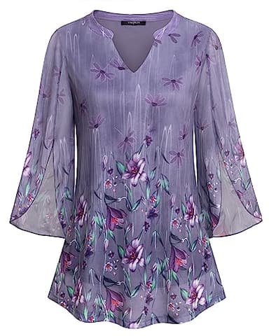 VALOLIA Women's 3/4 Sleeve Shirts, Dressy Tops For Women For Evening Party, Floral Tunic Shirts for Women Bell Sleeve Blouse Lightweight Comfy Tops Elegant Pleated Layered Swing Blouses Large Purple - Image 1