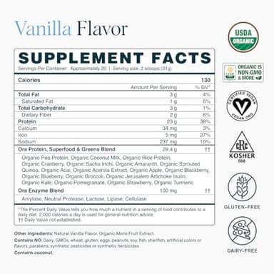 Ora Organic Plant-Based Protein Powder - 23g Protein for Women and Men - Vanilla Flavor 20 Servings, Vegan, Clean Protein, Third-Party Tested, Gluten-Free - 20 Servings - Image 9