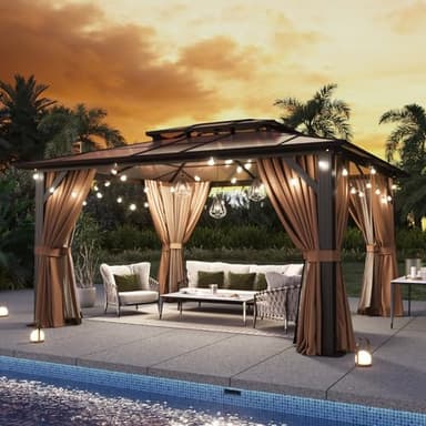 Aoxun 12'x10' Hardtop Gazebo, Aluminum Frame Permanent Pavilion with Curtains and Netting, Outdoor Polycarbonate Double Roof Canopy, Designed for Garden, Lawns, Patio, Brown - Image 4