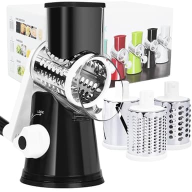 REDPANT Rotary Cheese Grater with Handle, Kitchen Mandoline Vegetable Slicer with 3 Interchangeable Blades & Strong Suction Base, Easy to Clean Grater for Vegetables, Fruit, Nuts, Black - Image 1