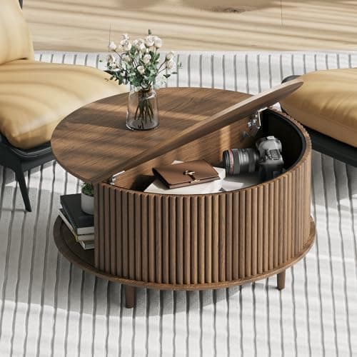 JOINICE, Round Coffee Table with Storage, Mid Century Modern Center Table with Sliding Cabinet Door, Fluted Dining Table for Living Room, Home Small Space, 31.5", Walnut - Image 1