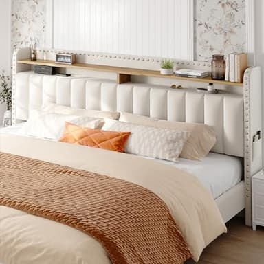 EnHomee King Size Bed Frame with 2-Tier Storage Headboard, Upholstered Platform Bed Frame with 2 Storage Drawers, Sturdy Wooden Slats Support, Noise-Free, No Box Spring Needed, Beige - Image 4
