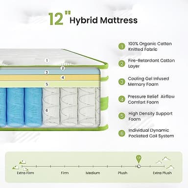 Dourxi 12 Inch Queen Mattress, Hybrid Mattress Queen in a Box, Gel Memory Foam and Pocket Springs for Cooling Sleep and Pressure Relief, Organic Cotton Fabric Cover, Plush Feel, 80 * 60 * 12 Inch - Image 2