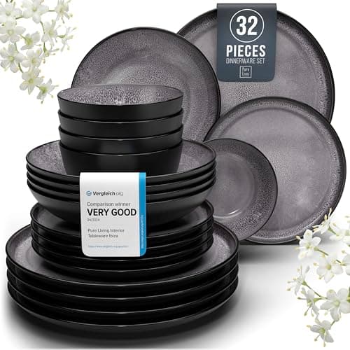 Stoneware dinnerware set 8 persons 32 pcs - Dishwasher, microwave and scratch resistant - Bowl and plate set 8 persons modern - Dinner service Pure Living black in gray… - Image 1