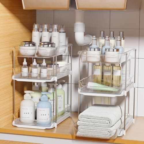 Delamu 2 Sets of 3-Tier Bathroom Under Sink Organizers and Storage, Multi-Purpose Stackable Pantry Organization and Storage, Pull Out Clear Kitchen Bathroom Cabinet Organizer with Movable Dividers - Image 1