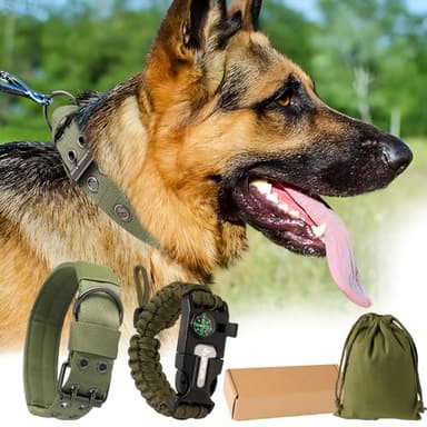 Heavy Duty Dog Collar, Tactical Dog Collar, Thick Dog Collar with Paracord Survival Bracelet, Heavy Duty Metal Buckle and Patches, Suitable German Shepherd, Pitbull, Rottweiler (Brown, L) - Image 1