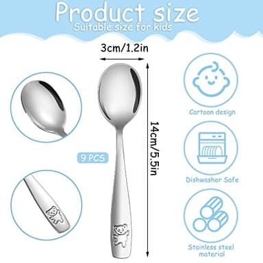 Pimoys 9 Pieces Toddler Spoons Kids Spoons, Kids Silverware Stainless Steel Toddler Utensils Metal Kids Cutlery Set Baby and Children Safe Flatware, Perfect for Small Hands - Image 2