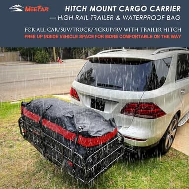 MeeFar High Rail Trailer Folding Hitch Mount Cargo Carrier Basket 60" X 24" X 14"+Waterproof Cargo Bag 20 cu ft(59" 24" 24"), Capacity of 500 Lbs with Hitch Stabilizer, Net, Lock and Straps - Image 7