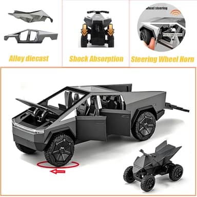Toy Truck with Motorcycle Alloy Die Casting Model Pickup Truck Electric Vehicle Model Off - Road Wagon Toy Race Ca -Sound and Light Effect Ideal Gift Age for 6 Year Up(Grey) - Image 3