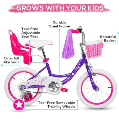 WEIZE Girls Bike for 3-5 Years Old Kids, 14 Inch Kids Bike with Training Wheels, Streamers, Basket and Doll Seat, Children Bicycles with Coaster Brake, Multiple Colors - Image 2