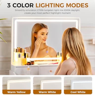 COMHOMA Makeup Vanity Desk with Mirror and Lights, Vanity Table and Chair Set with 5 Drawers and Charging Station, Bedroom Dresser LED Mirror Stepless Dimmable & 3 Color Modes Adjustable, Pure White - Image 3