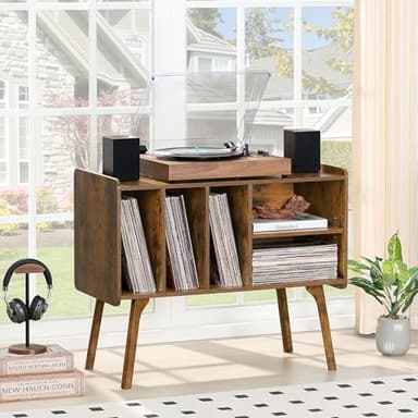 Lerliuo Record Player Stand with 4 Cabinet Holds Up to 220 Albums, Large Turntable Stand with Beech Wood Legs, Mid-Century Record Player Table,Brown Vinyl Holder Storage Shelf for Bedroom Living Room - Image 8