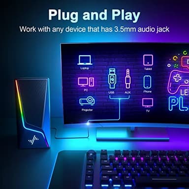Computer Speakers, PC Speakers with 6 Lighting Modes, USB Powered Computer Speakers for Desktop Monitor with 2 Bass-Boost Ports, 2 Speaker Units, and 3.5mm Aux-in Cable for PC, Laptop, Tablet, Phone - Image 5