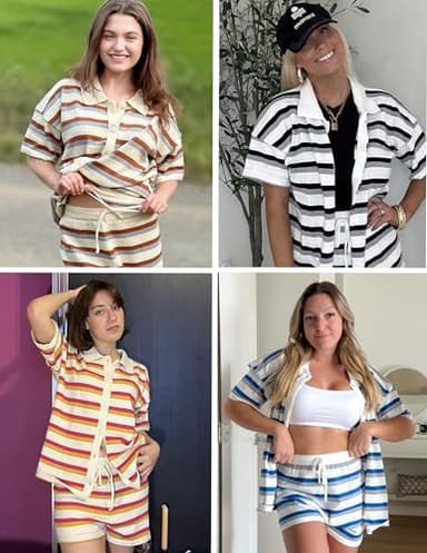 Ekouaer Lounge Sets for Women Crochet Striped 2 Piece Short Sets Short Sleeve Outfits Matching Sets Clothing Loungewear - Image 3