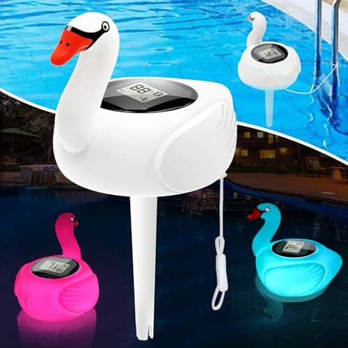 KingSom Digital Pool Thermometer,Solar Pool Thermometer Floating Easy Read with Colorful Swan Light,Floating Pools Thermometers with Large LCD Screen and String,Pond Water Temperature Thermometers - Image 1