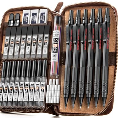 Nicpro 33PCS Black Metal Mechanical Pencil Set in Leather Case, Art Drafting Pencil 0.3, 0.5, 0.7, 0.9 mm, 2mm Lead Holders for Sketching Drawing with 18 Tube (6B 4B 2B HB 2H 4H Colors) Lead Refills - Image 1