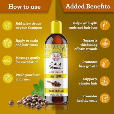 GuruNanda Castor Oil (8 Fl oz), 100% Pure & Natural - Cold Pressed & Hexane-Free, Hydrating Carrier Oil for Skin, Hair, Eyebrows & Eyelashes Growth - Image 5