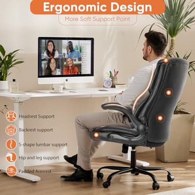 Sweetcrispy Ergonomic Computer Gaming Office Chair, Heavy Duty Task Desk Swivel Rolling Chairs with Wheels, Flip-up Arms, Adjustable Height, PU Leather, Black - Image 5