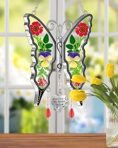 KY&BOSAM Gifts for Mom Suncatcher Butterfly God Bless My Mother-in-Law Gifts Mothers Day Stained Glass Sun Catcher Hanging Wind Chime Ornament for Window Gift for Women Valentine`s Birthday Christmas - Image 5