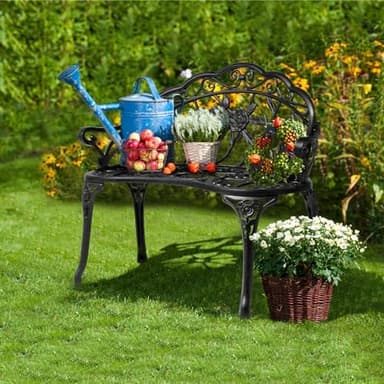 VINGLI 38.5" Patio Park Garden Outdoor Metal Rose Bench,Cast Iron Cast Aluminium Frame Antique Finish Chair,Accented Lawn Front Porch Path Yard Decor Deck Furniture for 2 Person Seat（Black - Image 5